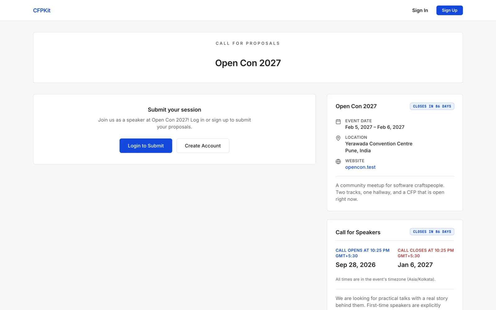 Public CFP page for an event with dates, location and a submit button
