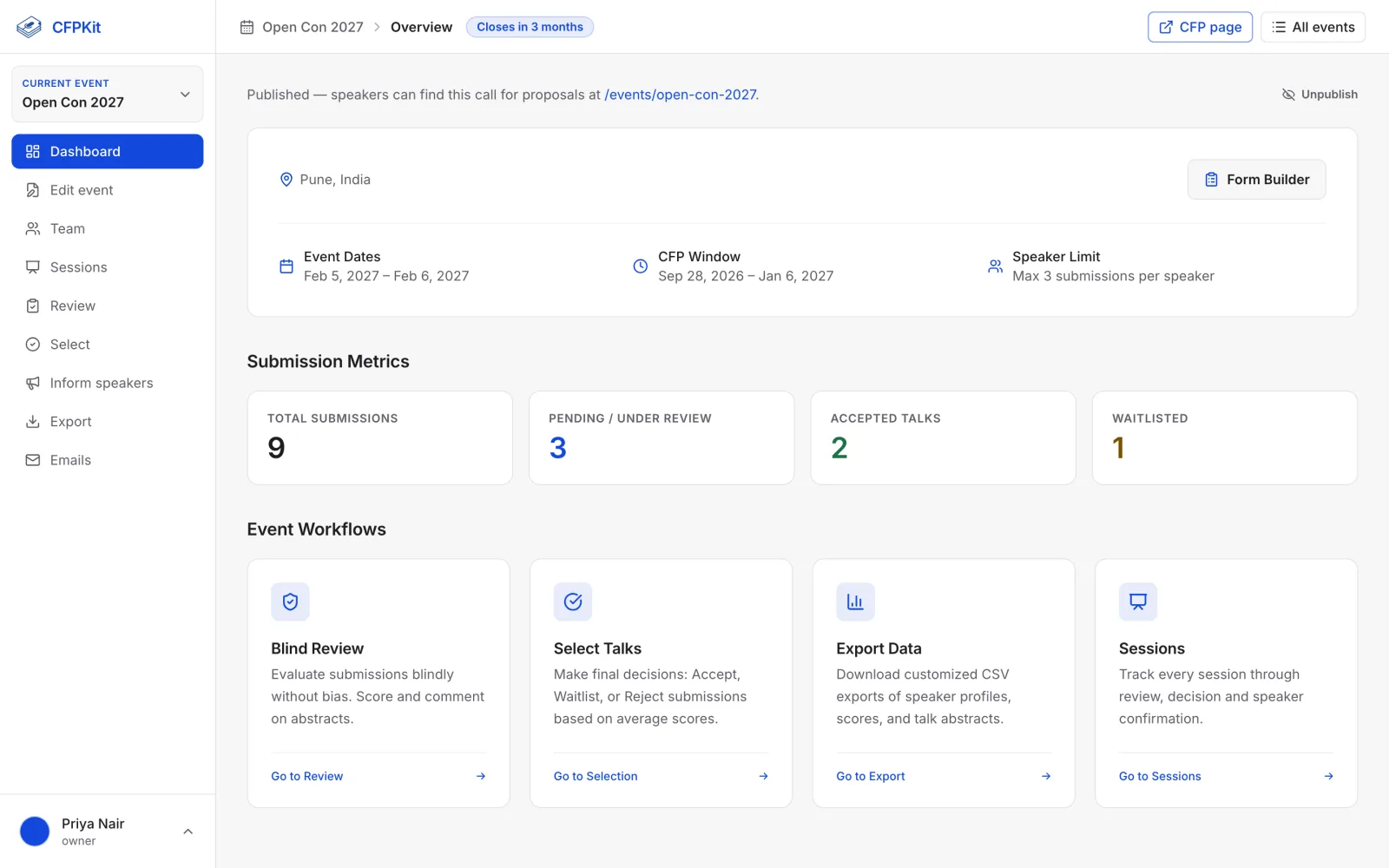 CFPKit event dashboard showing submission totals, accepted talks and the review, selection, export and sessions workflows